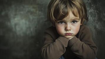 Sad child resting head on hands looking pensive and depressed photo