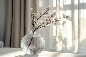 Flowering apricot branch in a glass vase standing on a table in a bright room photo