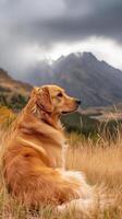 Golden retriever sitting in mountain meadow observing cloudy sky photo