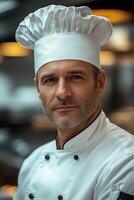 Portrait of confident chef wearing white uniform and toque in restaurant kitchen photo