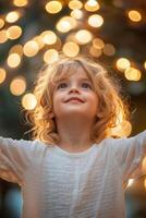 Happy child looking up at christmas lights with open arms photo