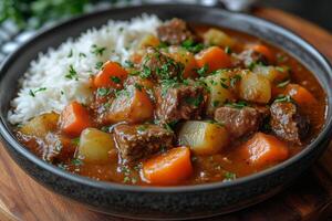 Delicious beef stew with carrots and potatoes served with rice photo