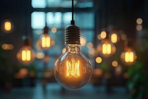Glowing vintage light bulb hanging in a modern interior design space photo