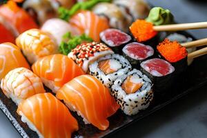 Chopsticks picking delicious gunkan maki from assorted fresh sushi selection photo