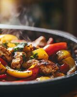 Steaming hot chicken fajitas sizzling in a cast iron skillet photo