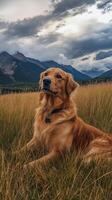 Golden Retriever Resting in Meadow with Mountain View under Cloudy Sky photo