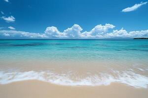 Soft waves washing sandy beach in tropical paradise photo