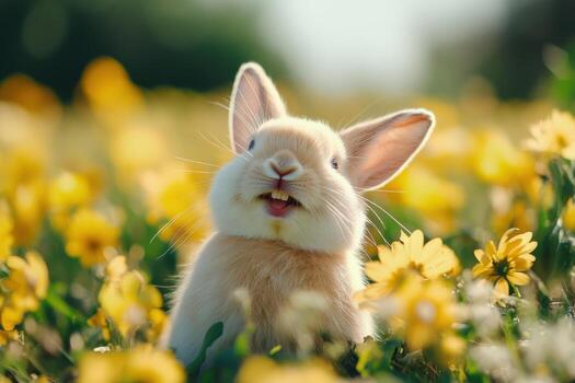 a small rabbit is sitting in a field of yellow flowers photo