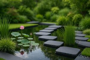 A pond with stepping stones and a lotus flower photo