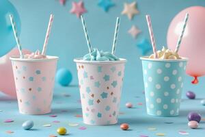 Three paper cups with colorful polka dots and straws photo