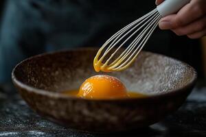 A person whisking an egg in a bowl photo