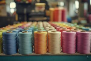 Many spools of thread are lined up on a table photo