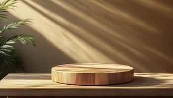 A wooden round table on a wooden table with a plant photo