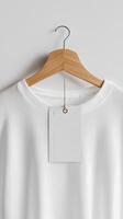 White t - shirt with a blank tag hanging on a hanger photo