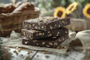 A stack of brownies with sunflowers on a table photo