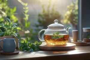 A teapot with a cup of tea on a table with plants photo