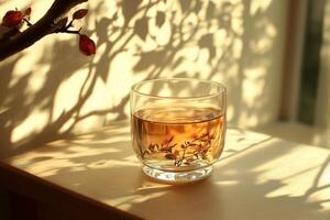A glass of tea sitting on a table photo