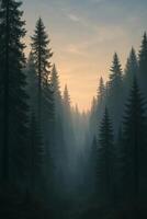 A foggy forest with trees and sun rising photo
