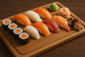 Sushi on a wooden tray photo