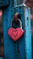 A red heart shaped lock is on a blue door photo