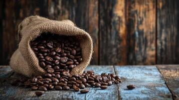 Coffee Beans Spilling From Burlap Sack on Rustic Wooden Table photo