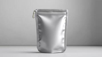 Silver Foil Pouch Packaging Mockup with Zipper on Gray Background photo