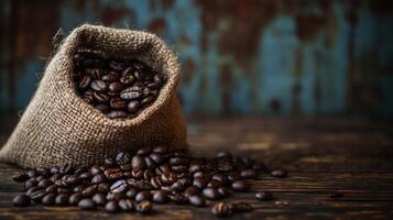 Roasted Coffee Beans Overflowing From Burlap Sack on Rustic Wood Table 1 photo