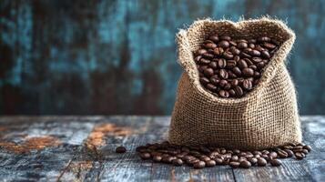 Roasted Coffee Beans Overflowing From Burlap Sack on Rustic Wood Table photo