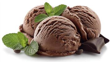 Chocolate Ice Cream Scoops with Mint Garnish and Chocolate Chunks photo