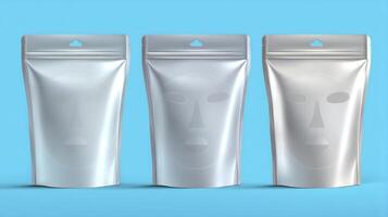 Silver Cosmetic Mask Pouches Displayed on Blue Background for Product Mockup photo