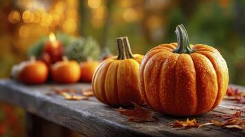 Pumpkins on Wooden Table with Autumn Leaves and Bokeh Background photo