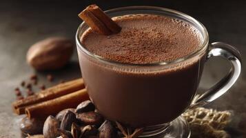 Enjoying Hot Chocolate Drink with Cinnamon and Spices on Rustic Surface photo
