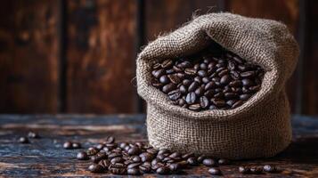 Coffee Beans Overflowing From Burlap Sack on Rustic Wooden Table 1 photo