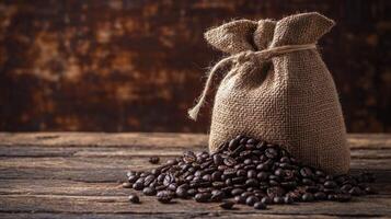 Coffee Beans Overflowing From Burlap on Rustic Wooden Table photo
