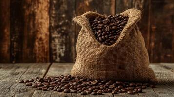 Coffee Beans Overflowing From Burlap Sack on Rustic Wooden Surface 1 photo