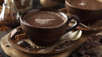 Enjoying Hot Chocolate Drink with Chocolate Chunks and Cinnamon Stick photo