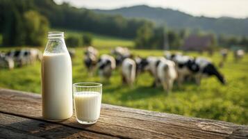 Fresh Milk Bottle and Glass on Wooden Table with Pasture View photo