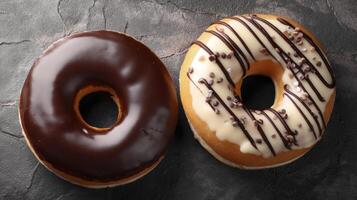 Two Delicious Donuts with Chocolate and White Icing on Dark Background photo