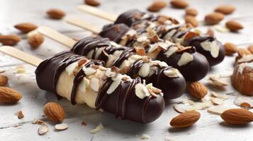 Chocolate Covered Banana Pops with Almonds on a White Rustic Table photo