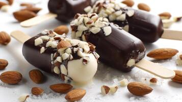 Chocolate Covered Ice Cream Pops with Almonds on White Background photo