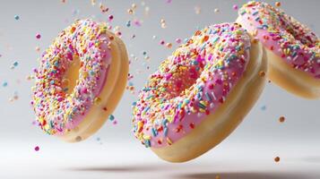 Flying Donuts with Pink Frosting and Colorful Sprinkles for Dessert Concepts photo