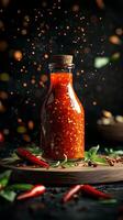 A bottle of hot sauce with chili peppers and spices photo