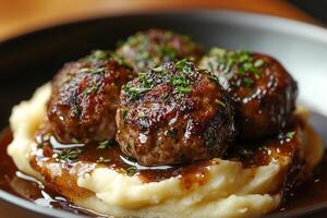A plate of meatballs with gravy and mashed potatoes photo