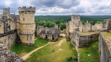 Aerial View of Ancient Castle Ruins Stone Walls and Green Courtyard photo