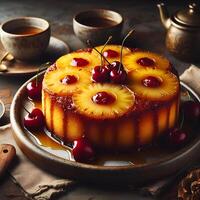 A pineapple upside down cake with cherries on top photo