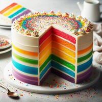 a cake with a rainbow layer and a slice taken out photo