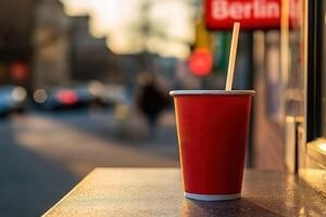 Red Cup with Straw in Sunlight photo