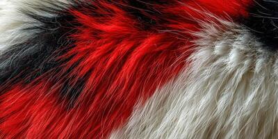 A close up of a red, white and black fur photo