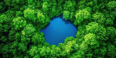 An aerial view of a blue lake surrounded by green trees photo