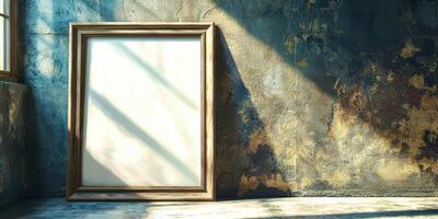An empty frame in an old room with a sun shining through the window photo